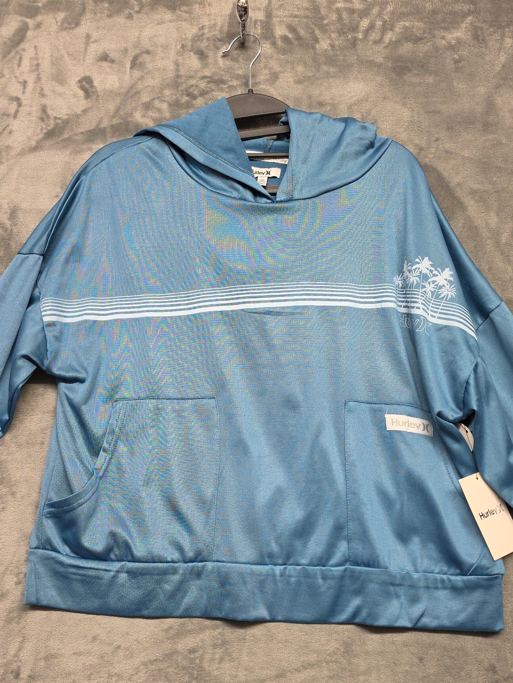 Hurley Light Blue Men's Hooded Zip-Up Sweater with Striped Palm Graphic